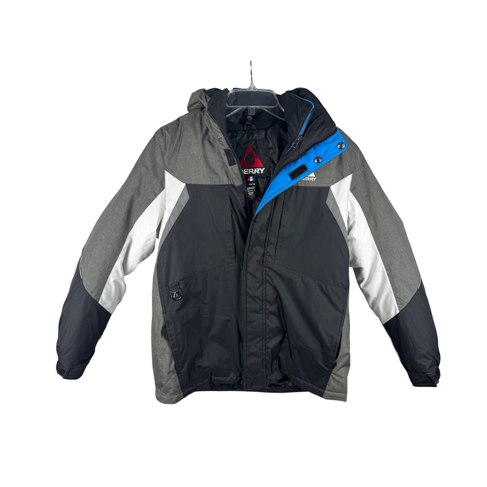 Gerry Boys Hooded Puffer Ski Jacket Black Grey Blue Size L 14/16 RN 117732